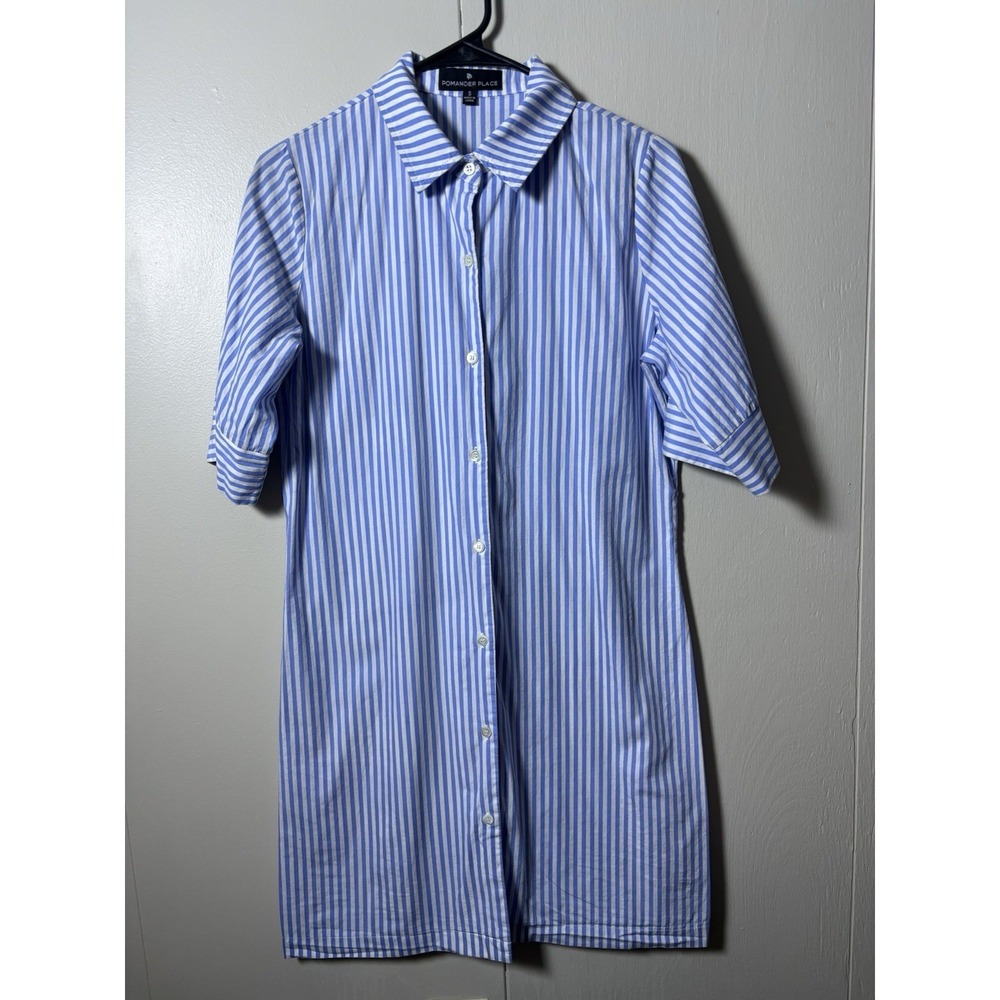 Pomander Place Blue White Stripe Shirt Dress Small Button Front Coastal Preppy